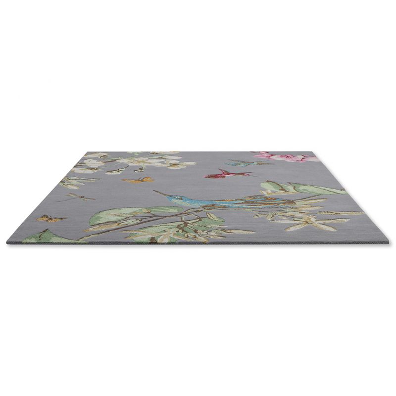 Tapis de salon fleuri laine et viscose Hummingbird Gris Wedgwood oiseau