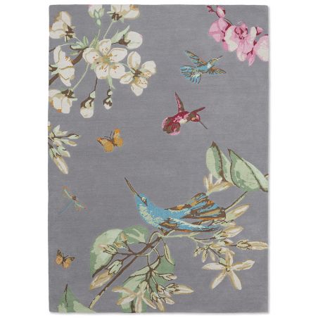 Tapis de salon fleuri laine et viscose Hummingbird Gris Wedgwood bureau