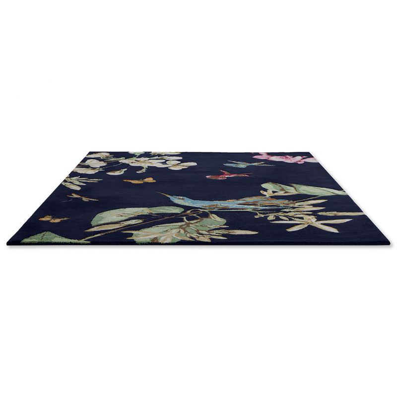 Tapis de salon fleuri laine et viscose Hummingbird Bleu Marine Wedgwood fleurs
