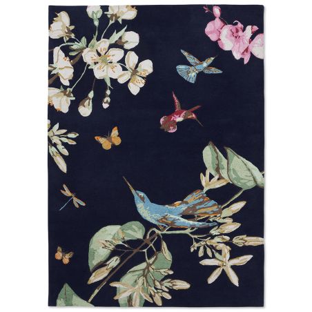 Tapis de salon fleuri laine et viscose Hummingbird Bleu Marine Wedgwood décoration
