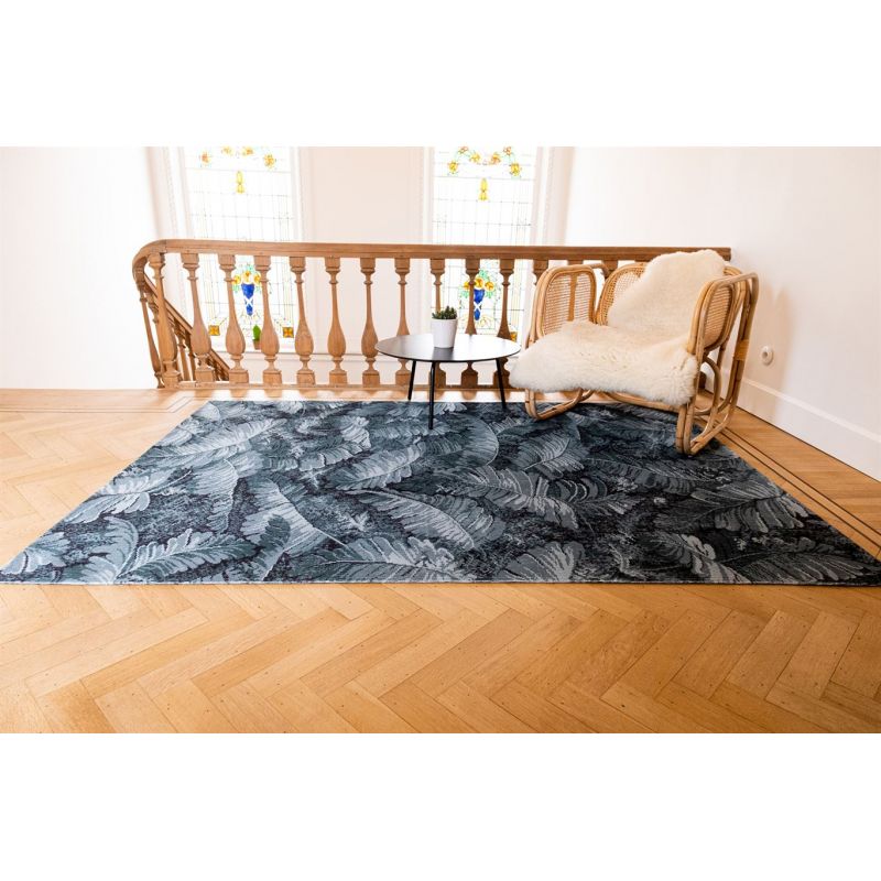 Tapis de Salon tissé plat Manaus Blue in Green Bleu et Vert plantes