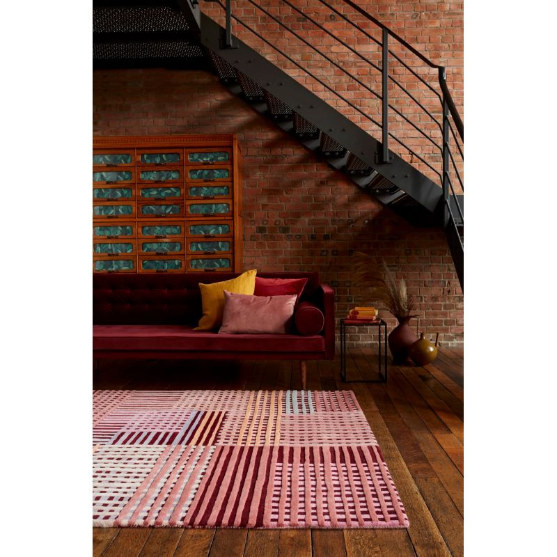 Tapis de salon moderne pure laine Asuncion rouge multicolore