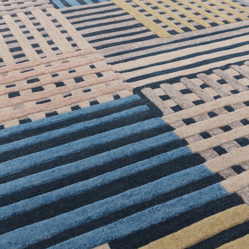 Tapis de salon moderne pure laine Asuncion bleu multicolore