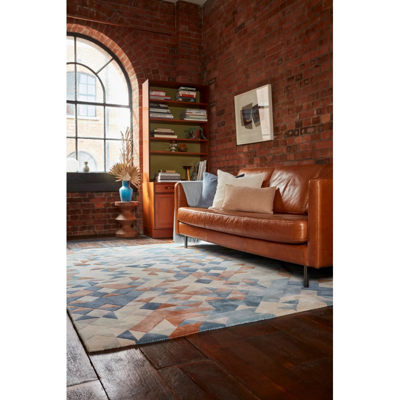 Tapis de salon moderne tufté main laine et viscose Belem bleu multicolore