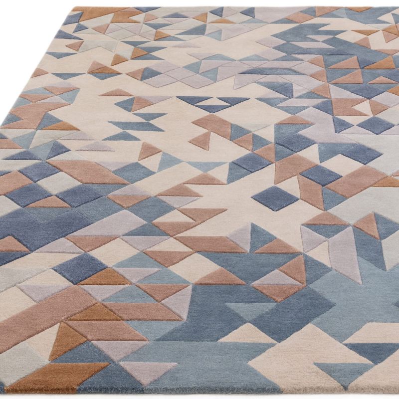 Tapis de salon moderne tufté main laine et viscose Belem bleu multicolore
