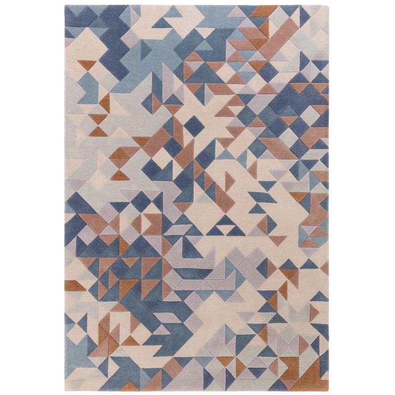 Tapis de salon moderne tufté main laine et viscose Belem bleu multicolore