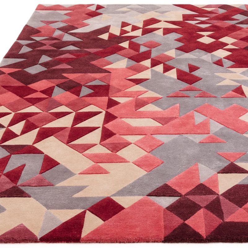 Tapis de salon moderne tufté main en laine et viscose Belem rouge multicolore