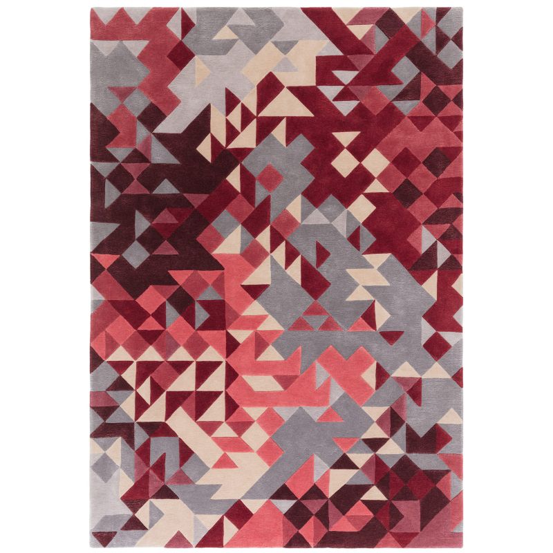 Tapis de salon moderne tufté main en laine et viscose Belem rouge multicolore