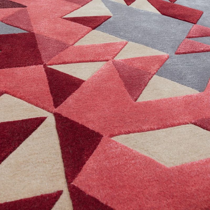 Tapis de salon moderne tufté main en laine et viscose Belem rouge multicolore