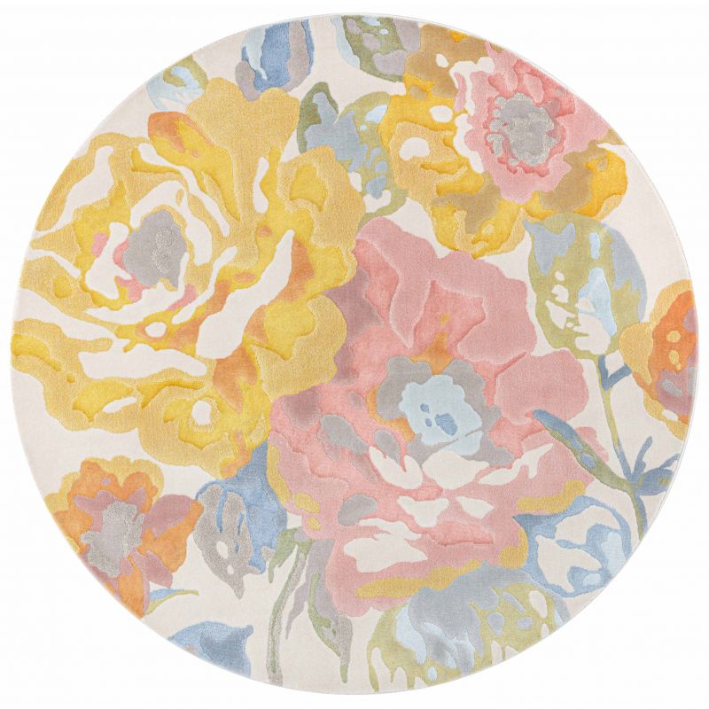 Tapis de salon rond bouquet Abeba coloris multicolore pastel chambre bureau rond