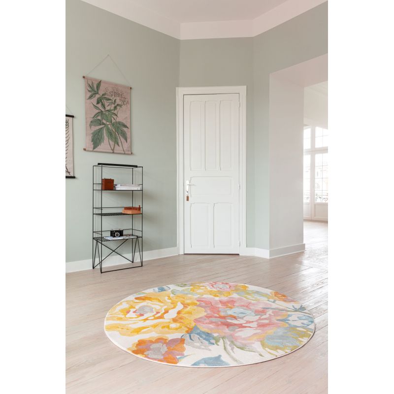 Tapis de salon Abeba motif floral multicolore pastel bureau rond