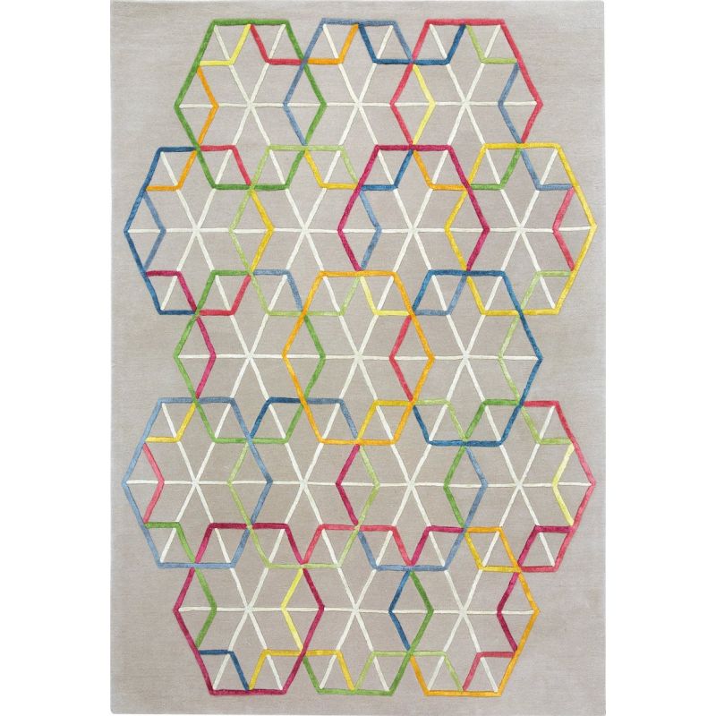 Tapis de salon moderne Hexagon à motifs Multicolores en Laine et Viscose tufté main