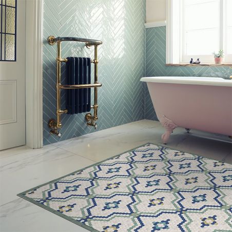 Tapis vinyle décoratif Tomettes Bleu vert salle de bains dressing lavable Tapis vinyle décoratif Tomettes Bleu vert salle de bains dressing lavable