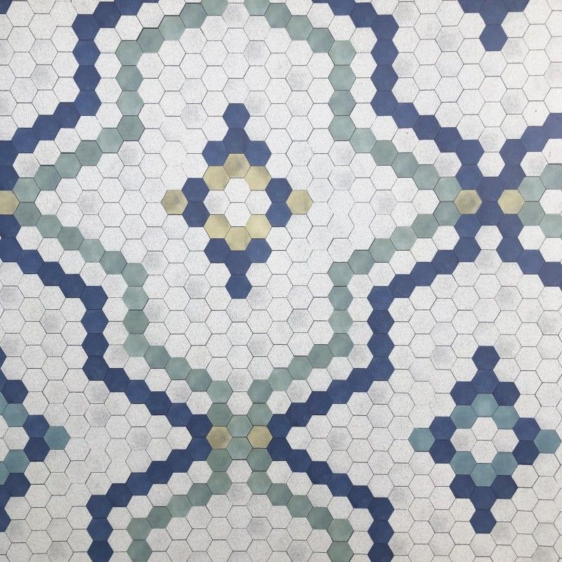 Tapis vinyle décoratif Tomettes Bleu vert solide lavable