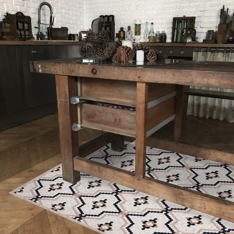 Tapis vinyle décoratif Tomettes Beige