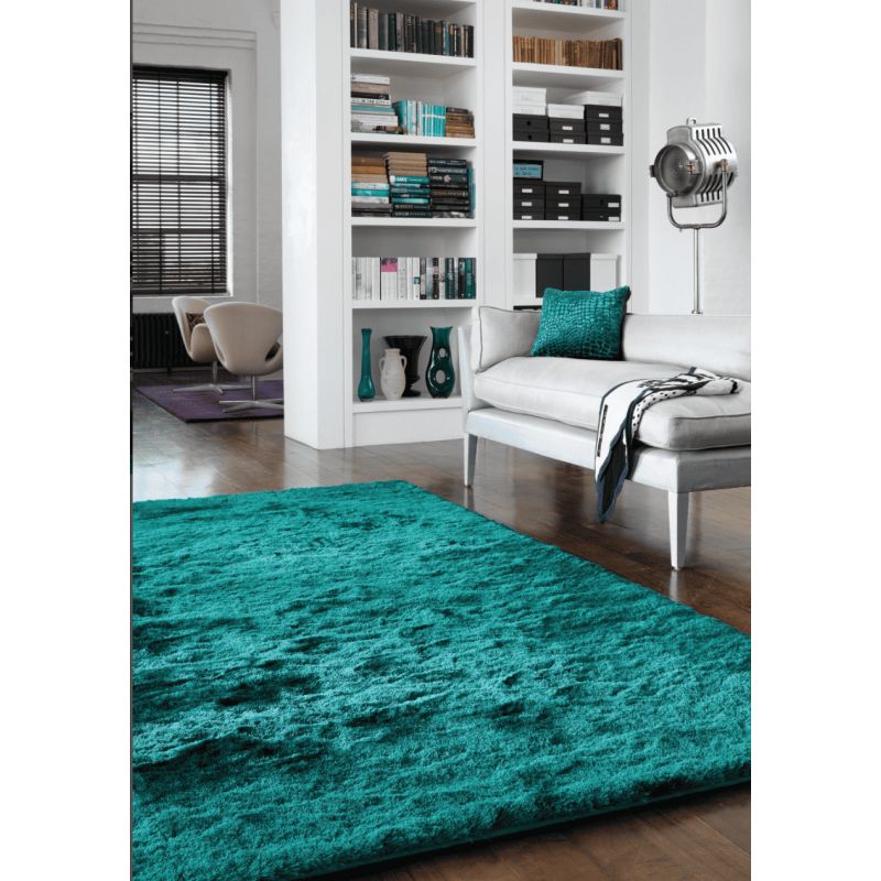 Tapis shaggy épais et brillant en Polyester Batignolles vert bleu canard
