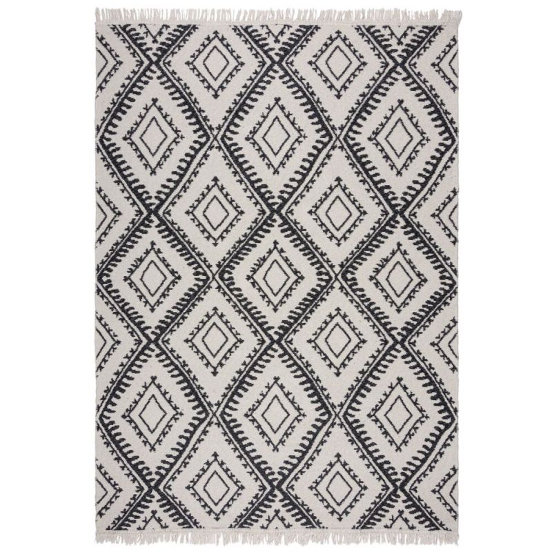 Tapis en coton recyclé Alix blanc et noir motifs losanges ethniques chambre