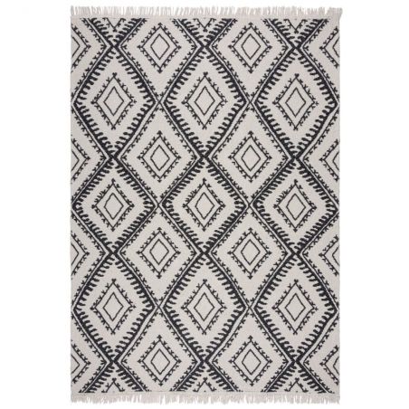 Tapis en coton recyclé Alix blanc et noir motifs losanges ethniques chambre Tapis en coton recyclé Alix blanc et noir motifs losanges ethniques chambre