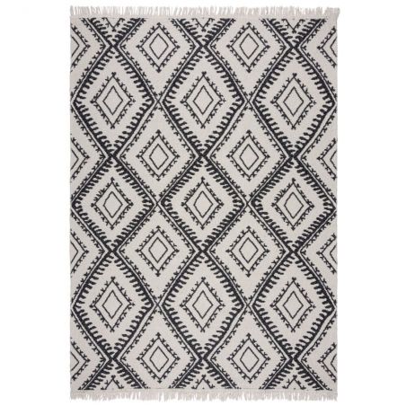 Tapis en coton recyclé Alix blanc et noir motifs losanges ethniques chambre