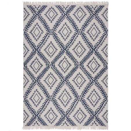 Tapis en coton recyclé Alix blanc et marine motifs losange ethniques Tapis en coton recyclé Alix blanc et marine motifs losange ethniques