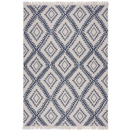 Tapis en coton recyclé Alix blanc et marine motifs losange ethniques