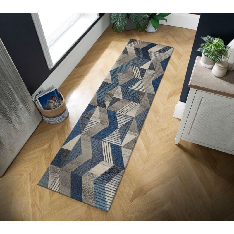 Tapis pure laine motifs géométriques Asher bleu