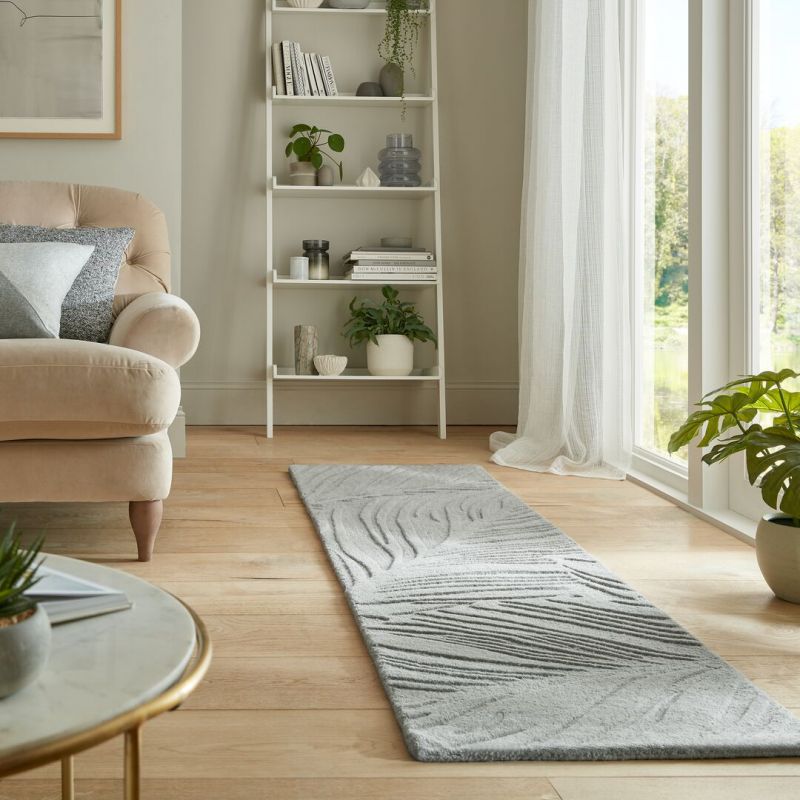 Tapis de couloir en laine Lino Gris effet 3D relief feuilles