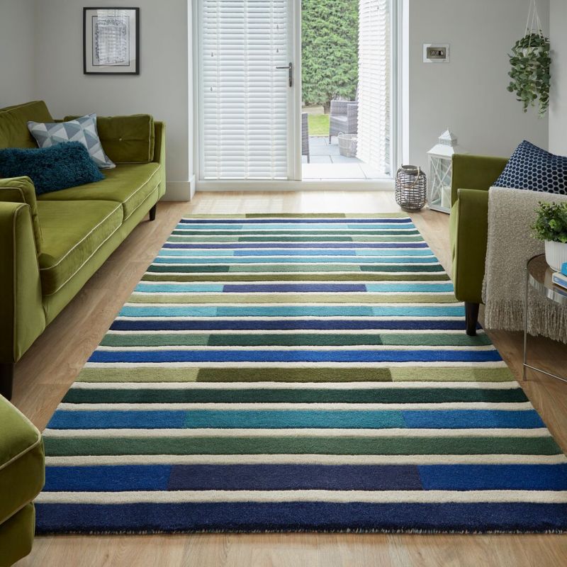 Tapis de salon géométrique pure laine Piano vert multicolore