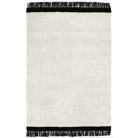 Tapis de salon original en viscose tissé main crème avec franges noires Mekong