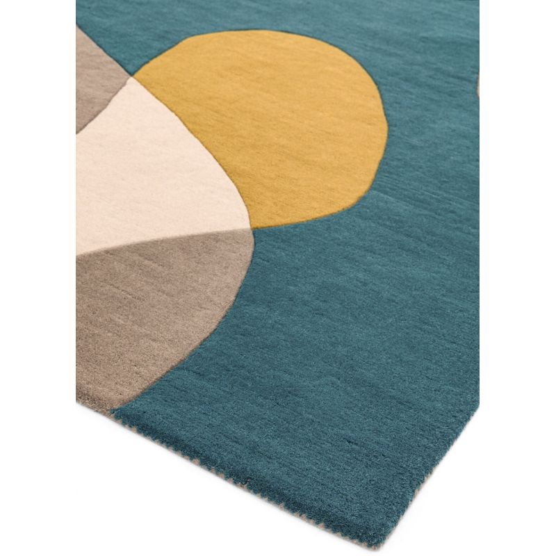 Tapis de Salon original contemporain pure laine Medley Bleu canard, taupe et jaune moutarde