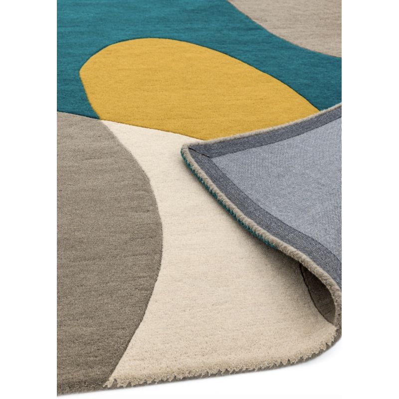 Tapis de Salon original contemporain pure laine Medley Bleu canard, taupe et jaune moutarde