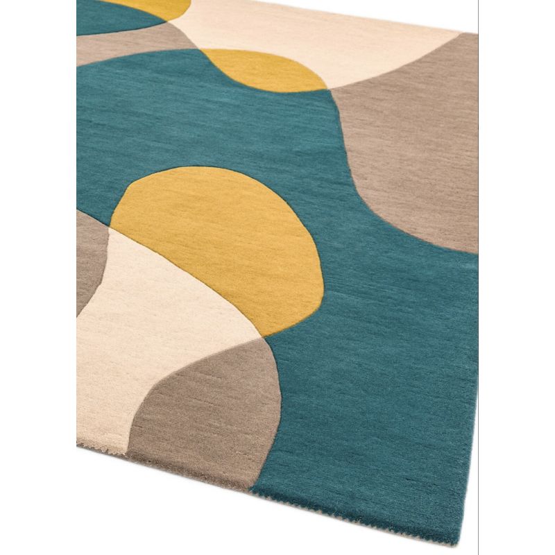 Tapis de Salon original contemporain pure laine Medley Bleu canard, taupe et jaune moutarde