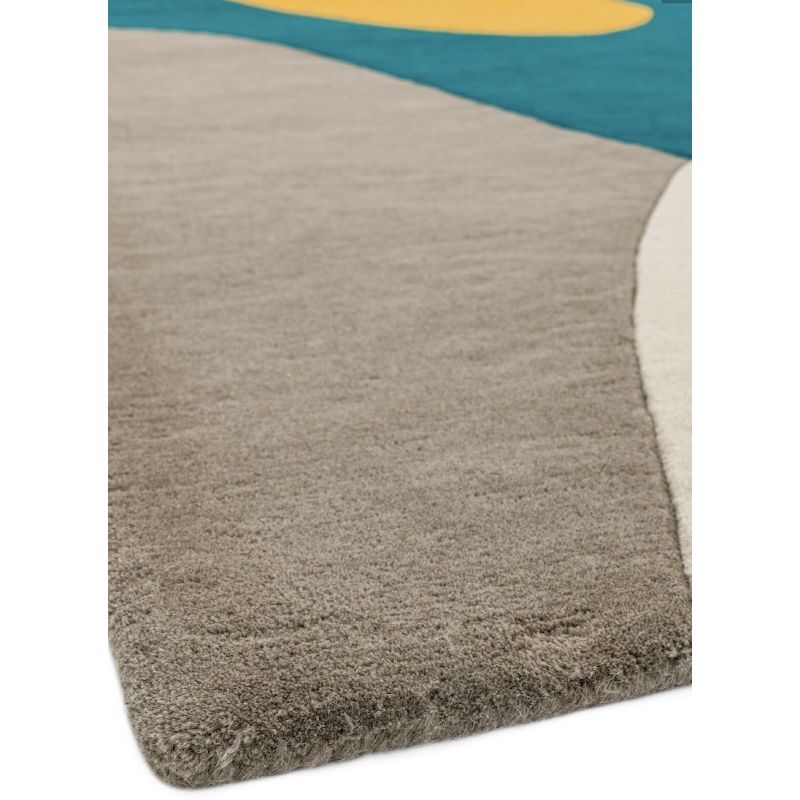 Tapis de Salon original contemporain pure laine Medley Bleu canard, taupe et jaune moutarde