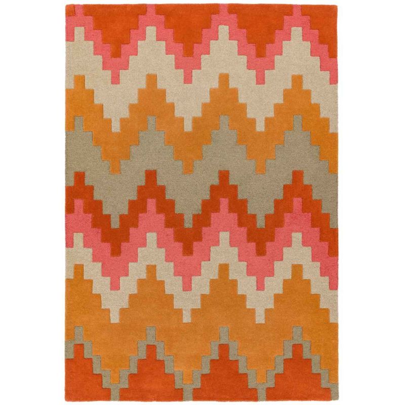 Tapis Ethnique Chic Pure laine tuftée main Tikal Orange, rouge, beige - JOSEPH LEBON