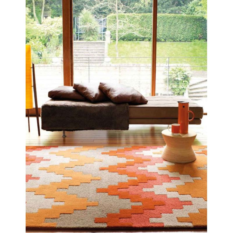 Tapis Ethnique Chic Pure laine tuftée main Tikal Orange, rouge, beige