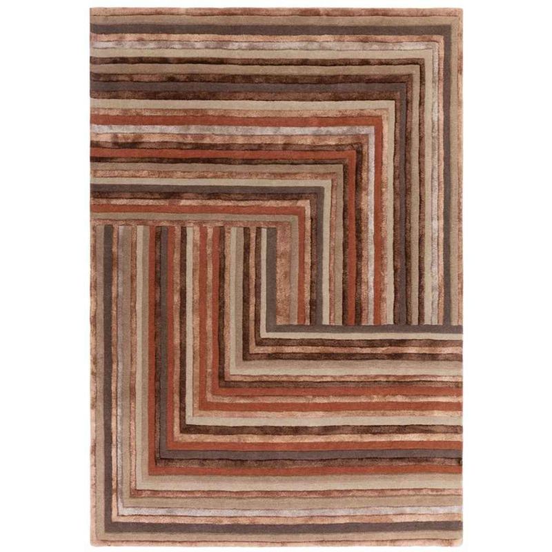 Tapis de salon en laine et viscose lignes Terracotta