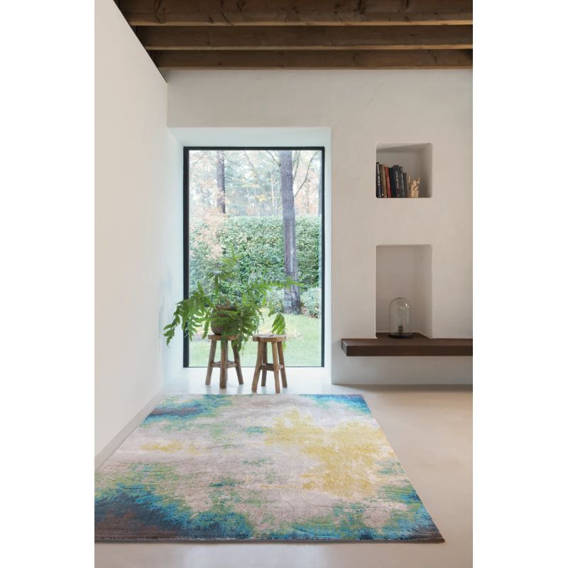 Tapis de salon en polyester gris bleu vert et jaune Boréal