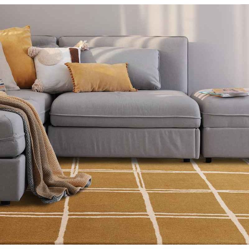 Tapis en laine moderne jaune ocre à carreaux blanc Georgia