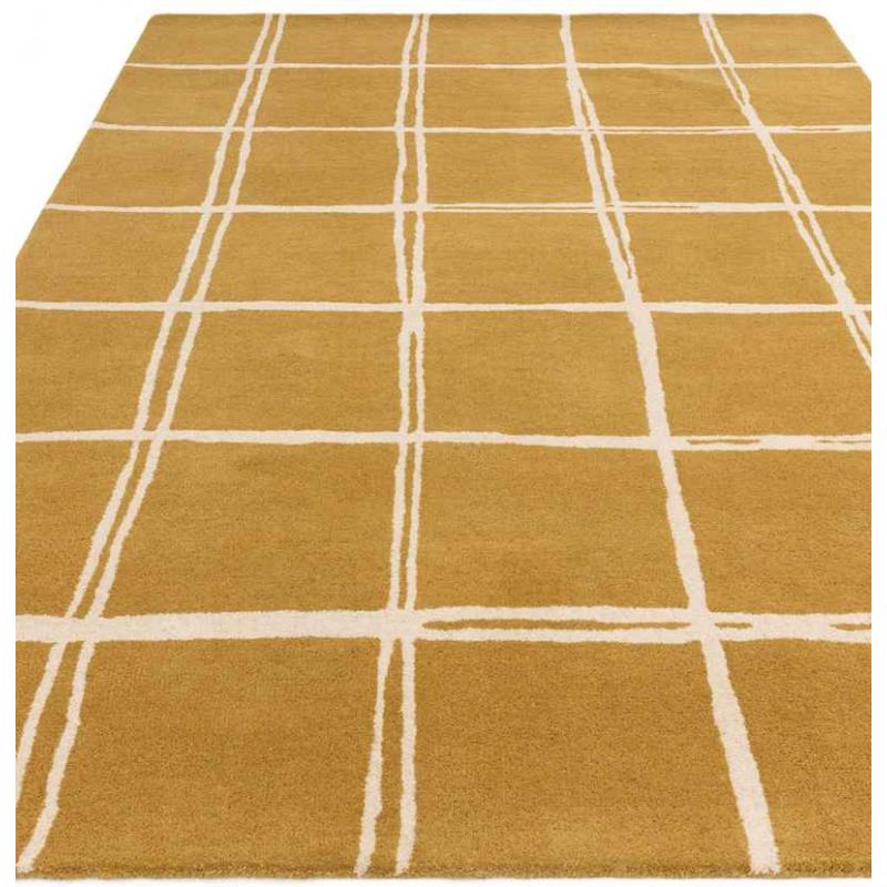 Tapis en laine moderne jaune ocre à carreaux blanc Georgia
