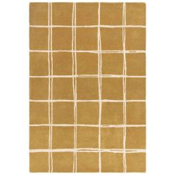 Tapis en laine moderne jaune ocre à carreaux blanc Georgia