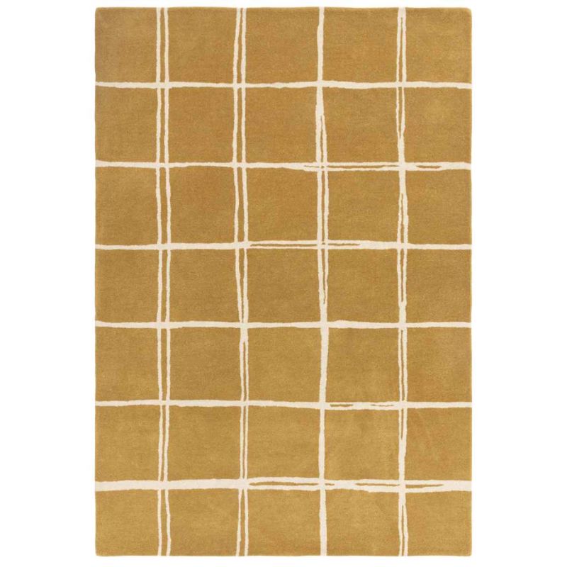 Tapis en laine moderne jaune ocre à carreaux blanc Georgia