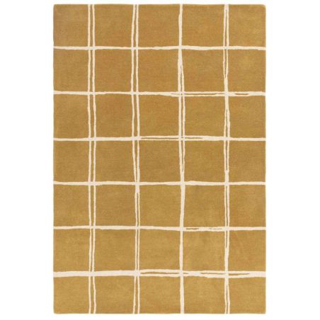 Tapis en laine moderne jaune ocre à carreaux blanc Georgia