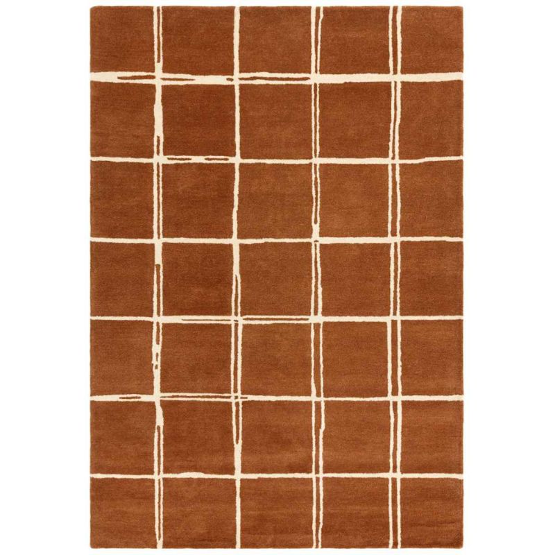 Tapis en laine moderne orange à carreaux blanc Georgia