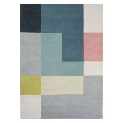 Tapis de salon design scandinave en laine tons bleu vert rose Ometri lime motif tetris