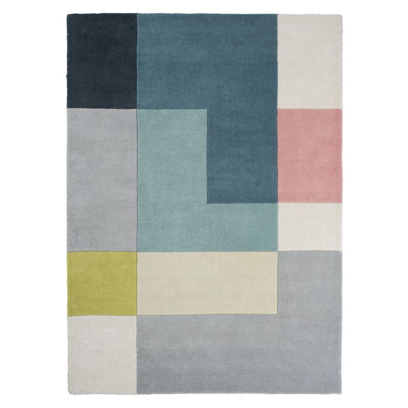 Tapis de salon design scandinave en laine tons bleu vert rose motif tetris Ometri lime - LINIE DESIG