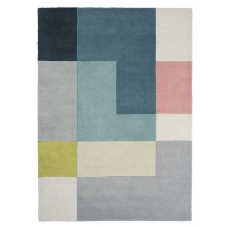 Tapis de salon design scandinave en laine tons bleu vert rose Ometri lime motif tetris