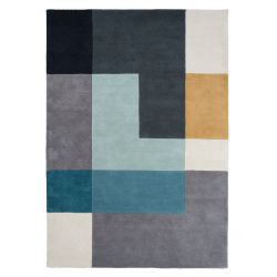 Tapis de salon design scandinave en laine tons bleus et moutarde Ometri Aqua motifs tetris