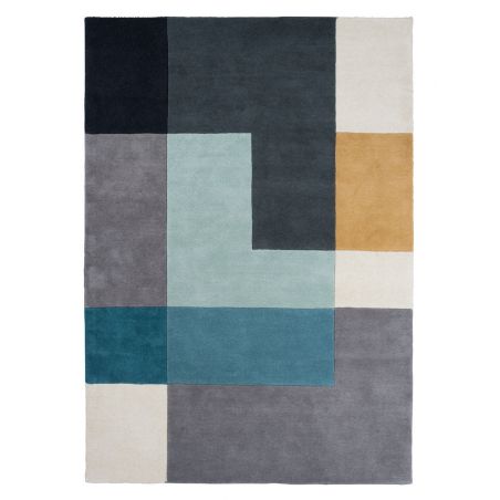 Tapis de salon design scandinave en laine tons bleus et moutarde Ometri Aqua motifs tetris