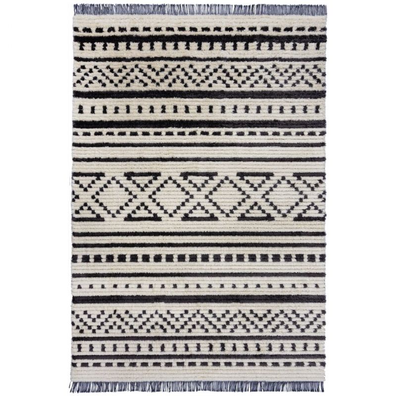 Tapis doux motifs berbères noirs sur fond blanc Sabri 