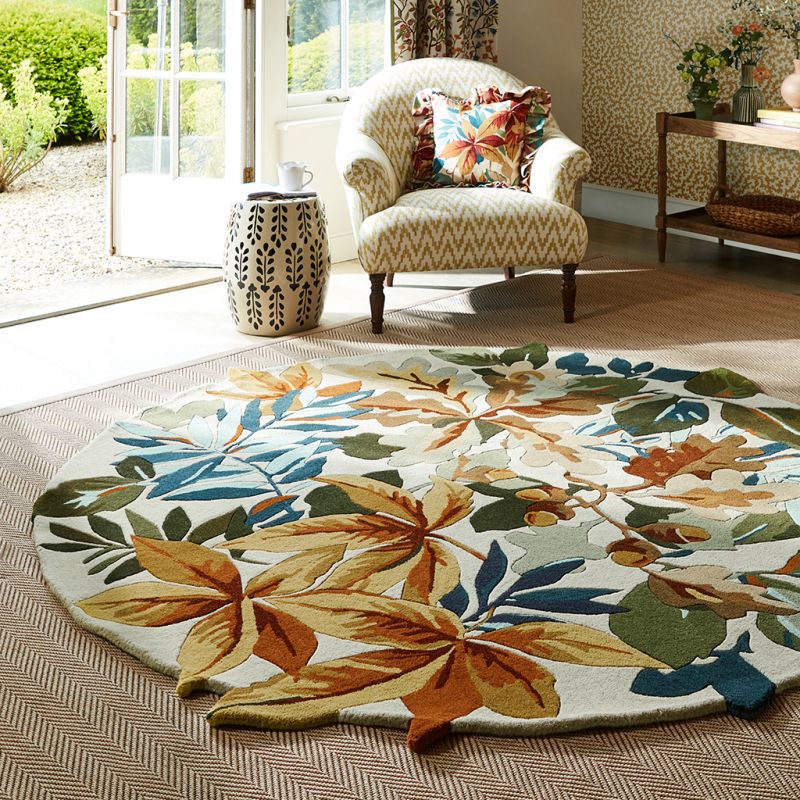 Tapis rond en laine forme organique feuillage débordantmarron Robin's Wood